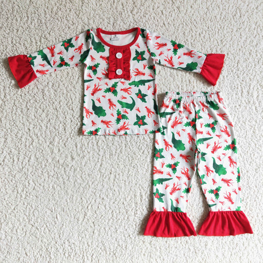 6 A2-27 baby girls long sleeve pajamas set with red ruffes
