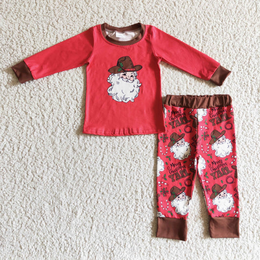 BLP0119 christmas red long sleeve top and santa pattern pants 2pieces set for boy