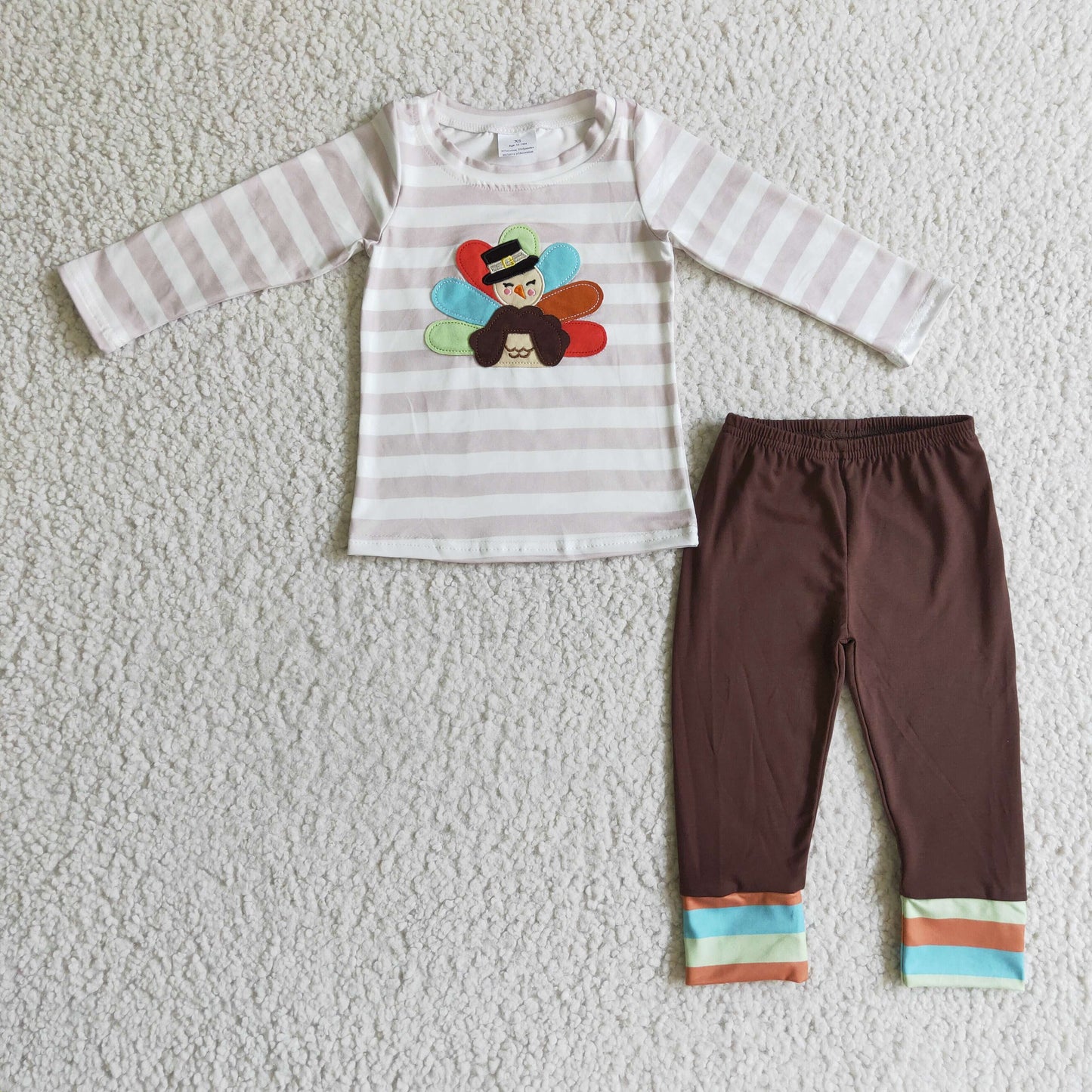 BLP0081 boy thanksgiving day cotton long sleeve stripe top with turkey embroidery match brown elastic waist pants