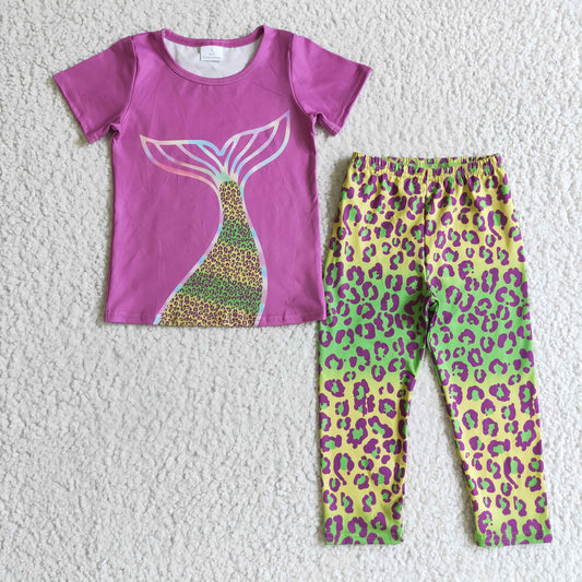 GSPO0199 girl short sleeve rose red shirt match leopard straight pants 2pieces set