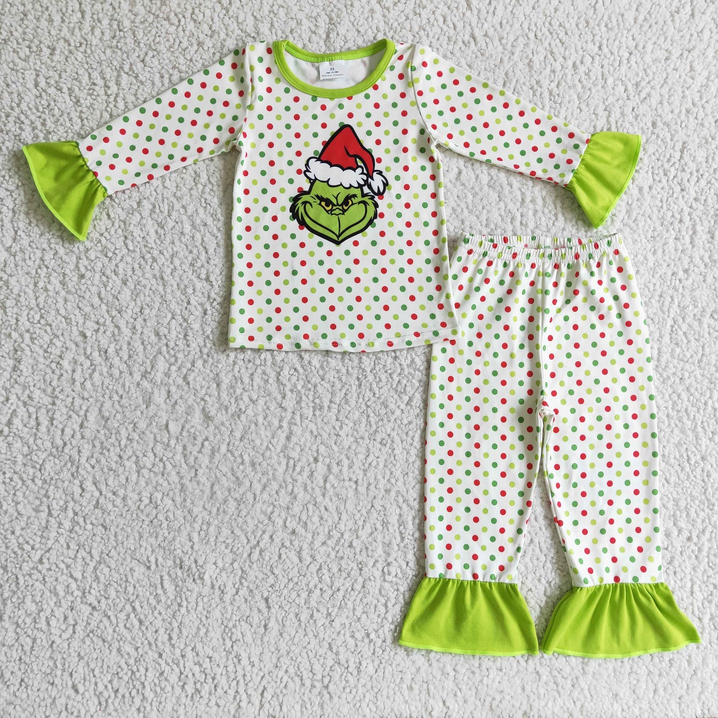 6 B10-25 baby girls christmas colorful polka dot long sleeve outfit with green ruffle