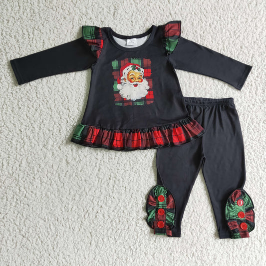 GLP0259 merry christmas girl black long sleeve top and pants 2pieces set with santa printed