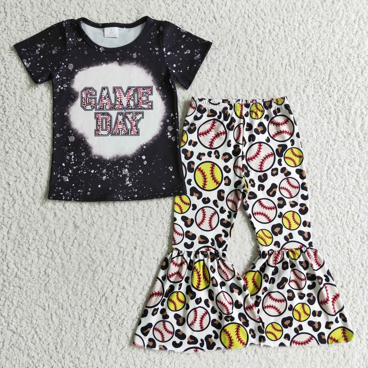 GSPO0214 girl black short sleeve shirt match baseball and leopard print bell pants