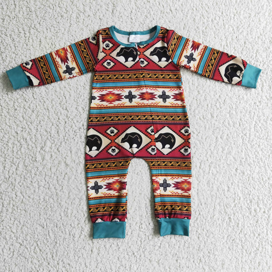 LR0183 infants boy long sleeve bear print zipper romper