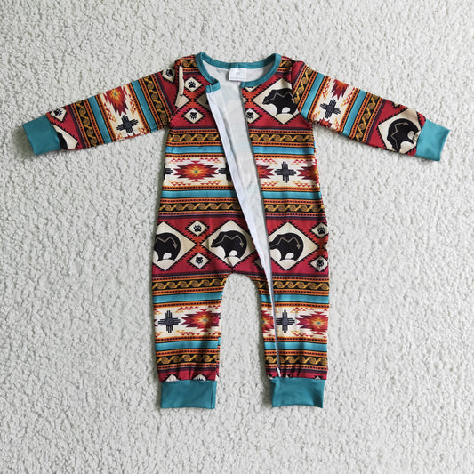 LR0183 infants boy long sleeve bear print zipper romper