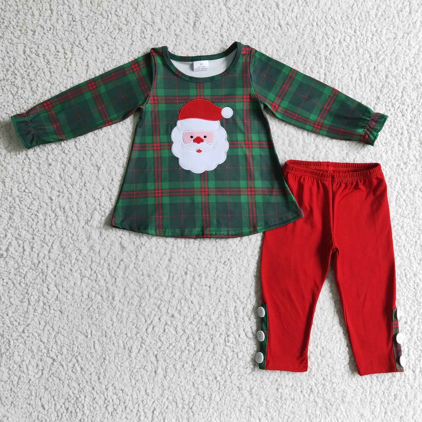 GLP0308 christmas girl green plaid long sleeve top with santa embroidery match red straight pants