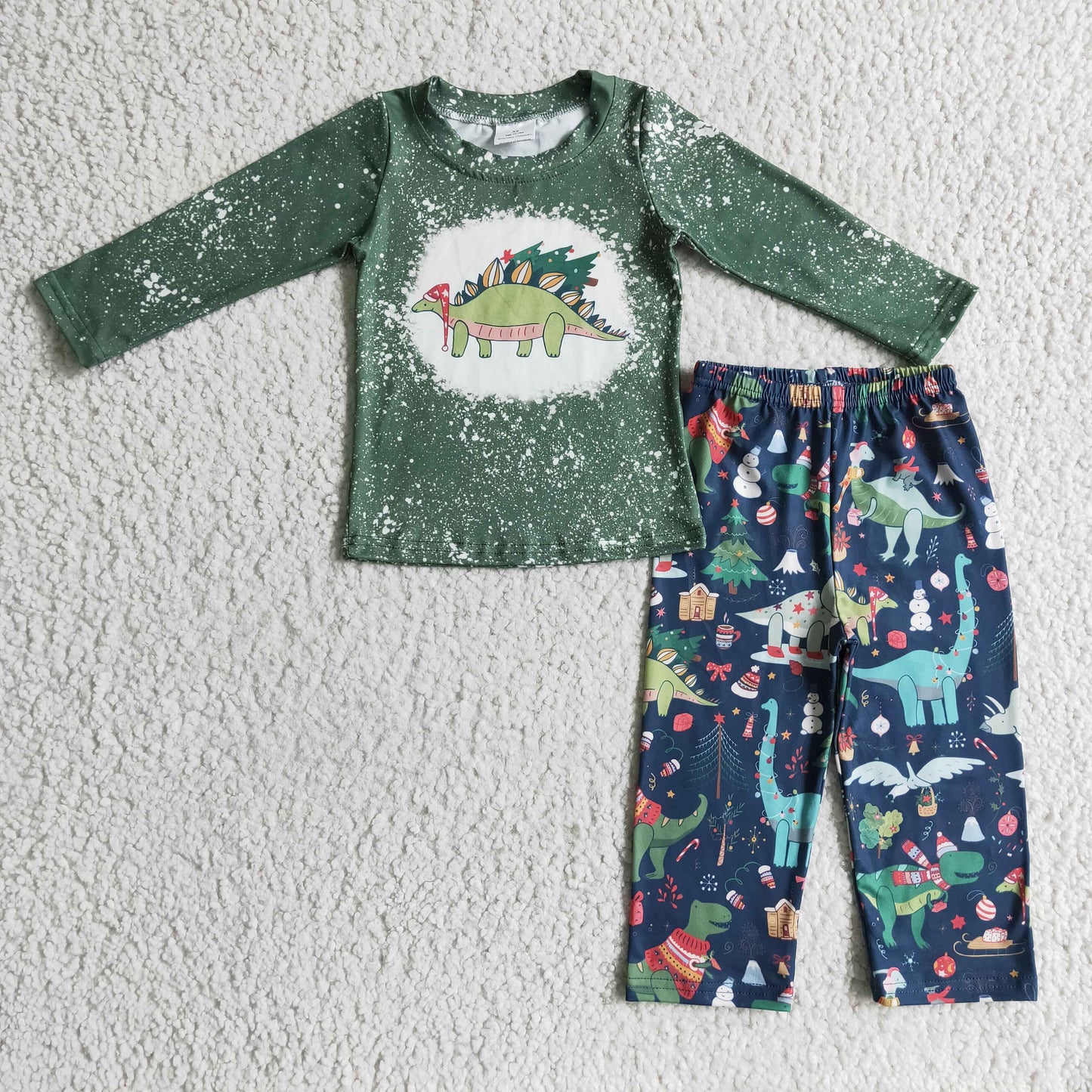 BLP0105 boy green long sleeve shirt match christmas tree and dinosaue print pants