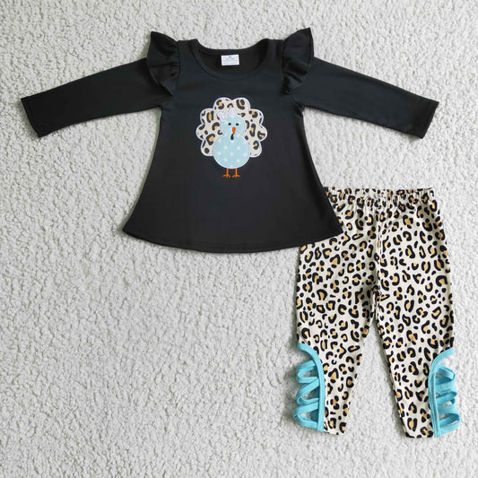 GLP0211 girl black cotton long sleeve top with turkey embroidery and leopard leggings 2pieces set