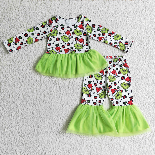 GLP0301 fashion girl long sleeve top and green voile bell pants 2pieces set for christmas