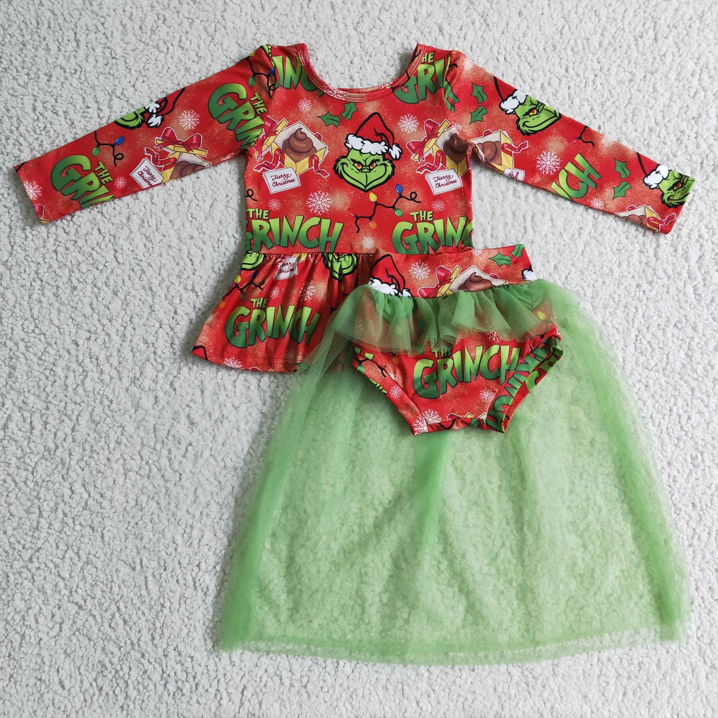 GLD0091 christmas baby girls red long sleeve tunic match bummies with green mesh