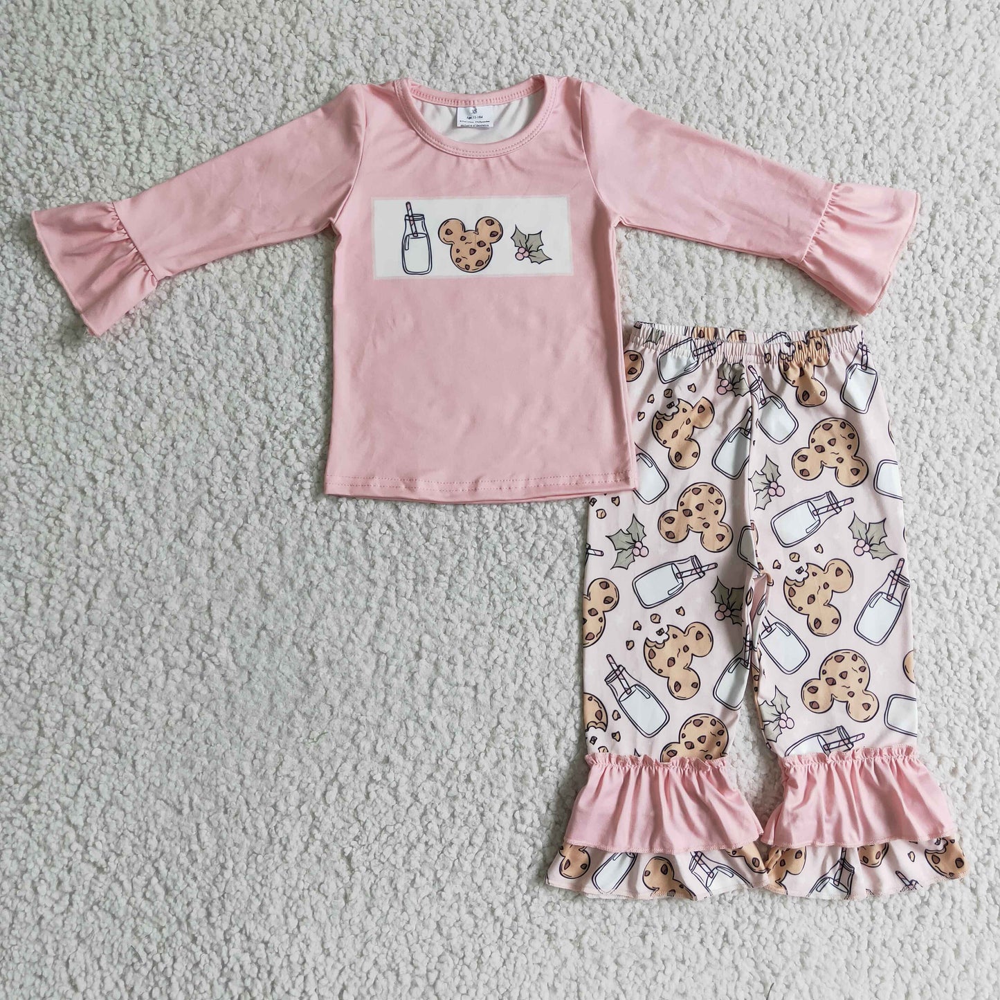 GLP0306 girl pink long sleeve top match milk and cookies pattern ruffle pants