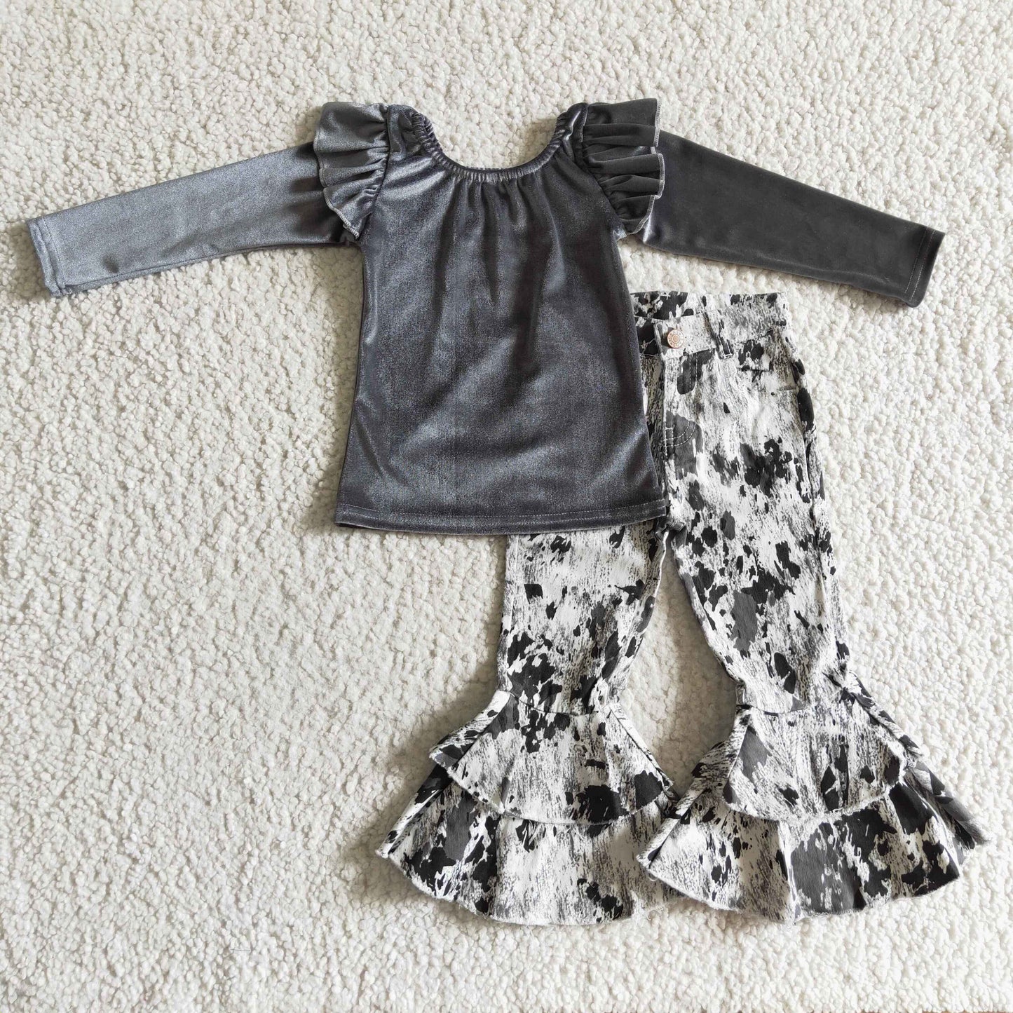 GT0063 girl grey long sleeve velvet top match bell bottom jeans high quality kids fall outfit