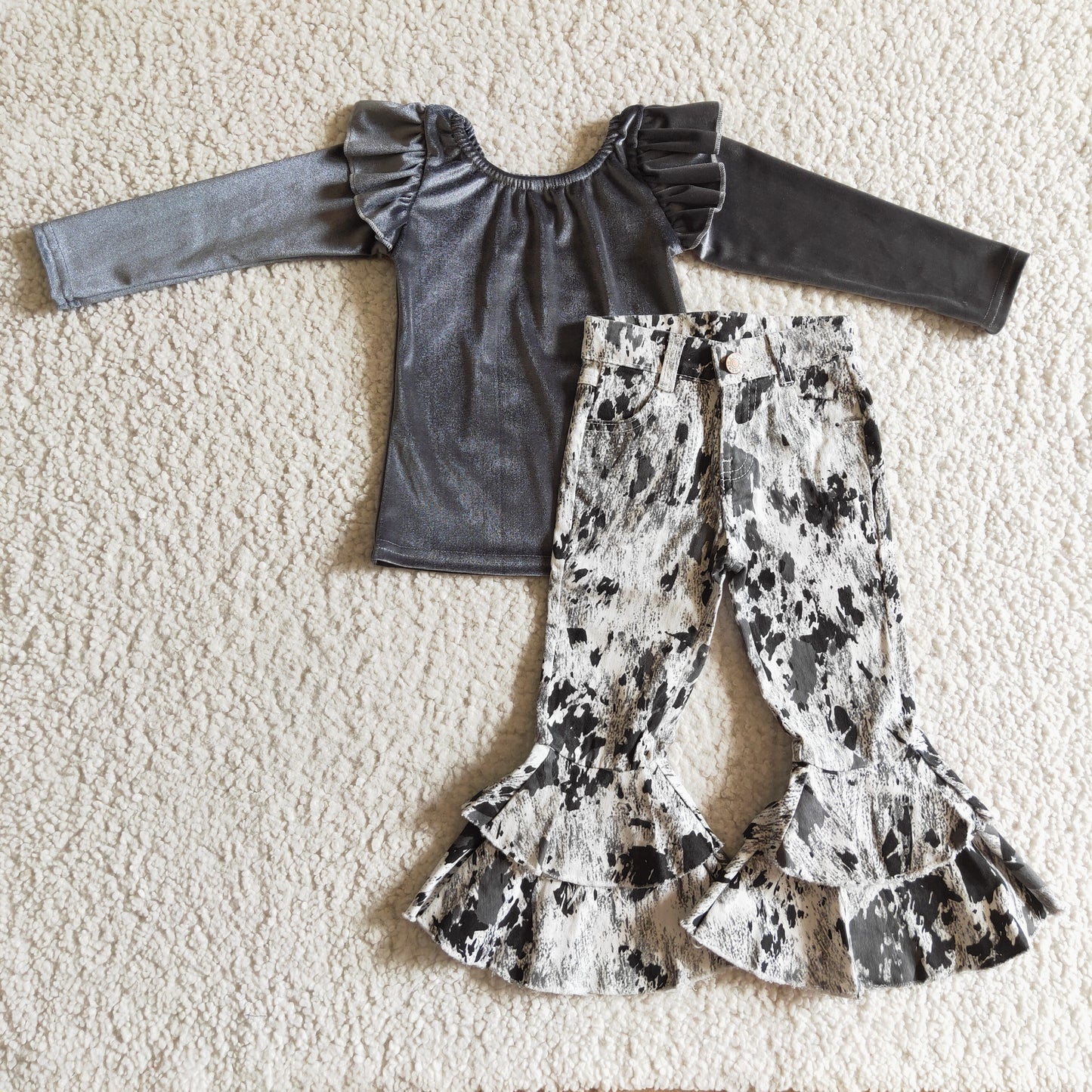 GT0063 girl grey long sleeve velvet top match bell bottom jeans high quality kids fall outfit