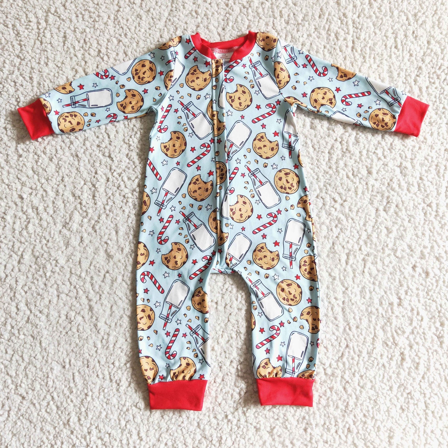 LR0186 baby boy christmas milk and cookies print long sleeve zipper romper