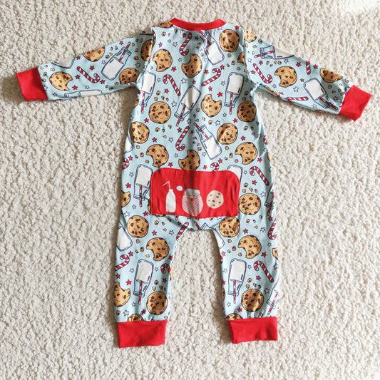 LR0186 baby boy christmas milk and cookies print long sleeve zipper romper