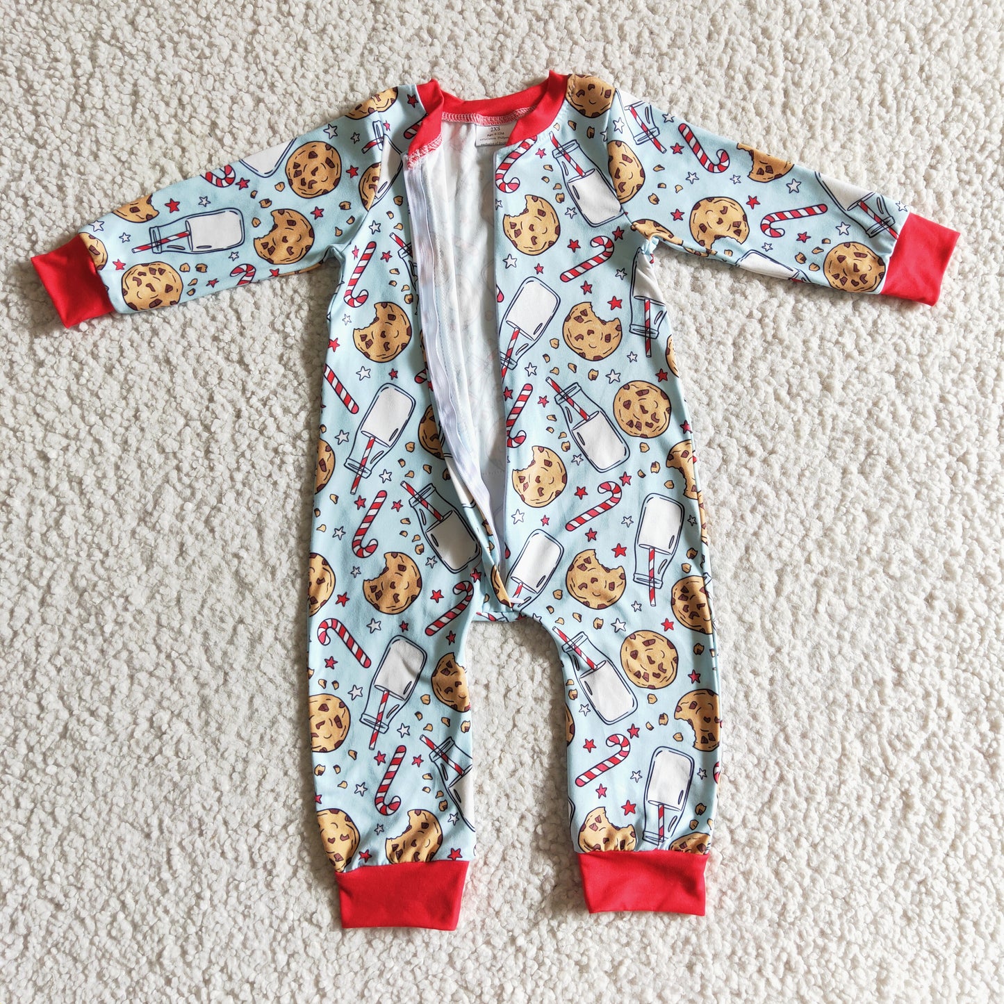 LR0186 baby boy christmas milk and cookies print long sleeve zipper romper