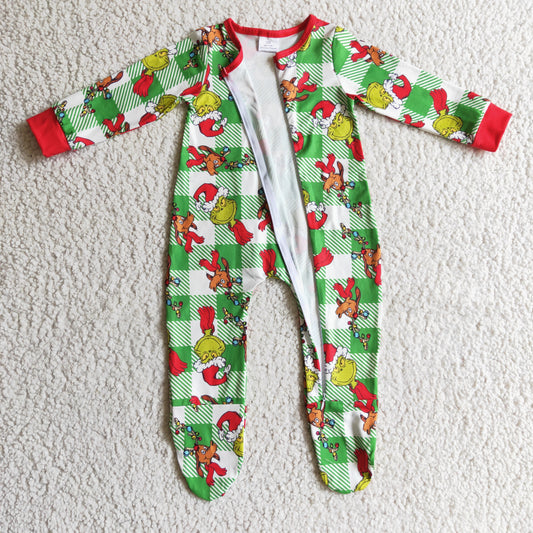 LR0194 infants long sleeve plaid romper merry christmas zipper foot wrap bodysuit