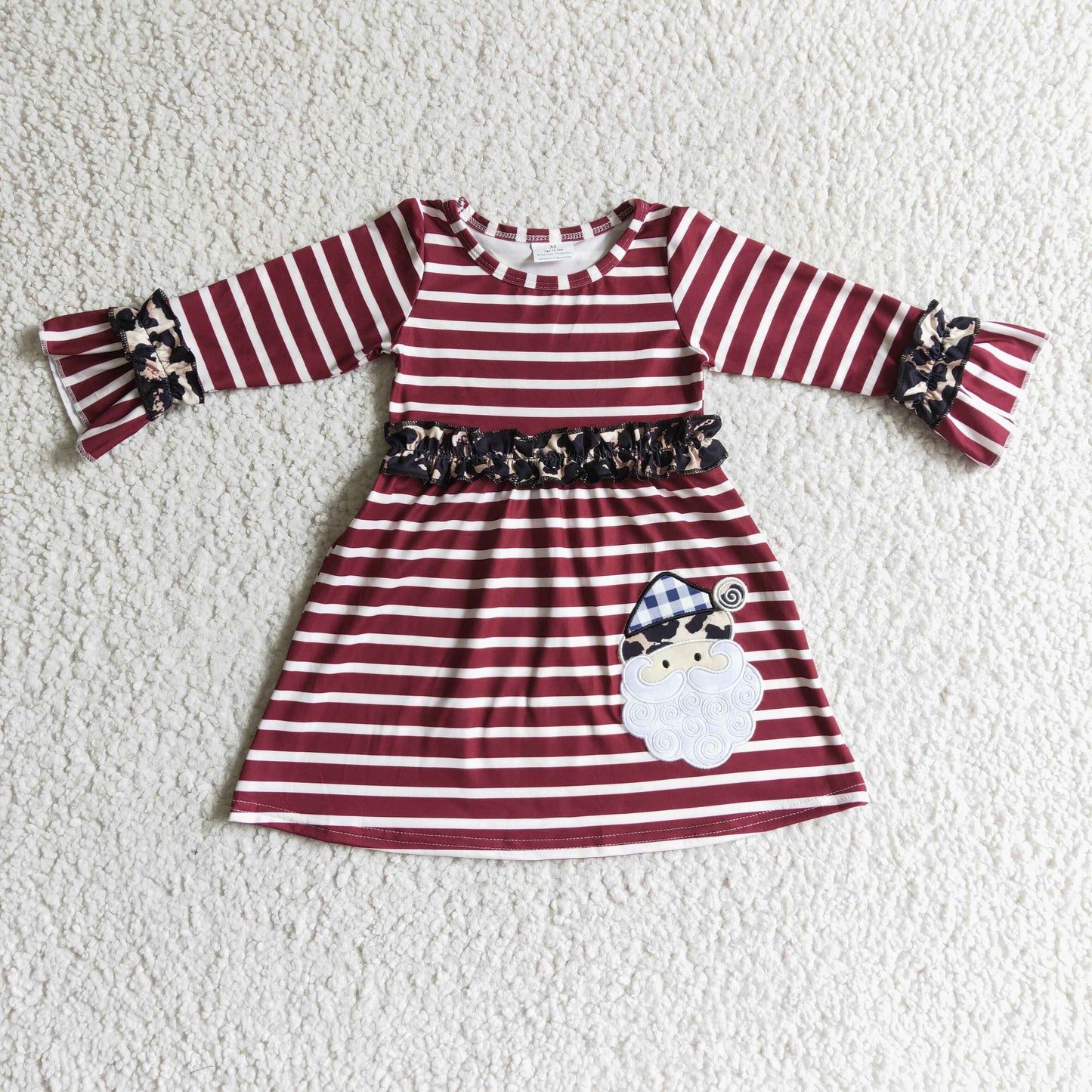 GLD0071 girl stripe long sleeve leopard waist frock with santa embroidery