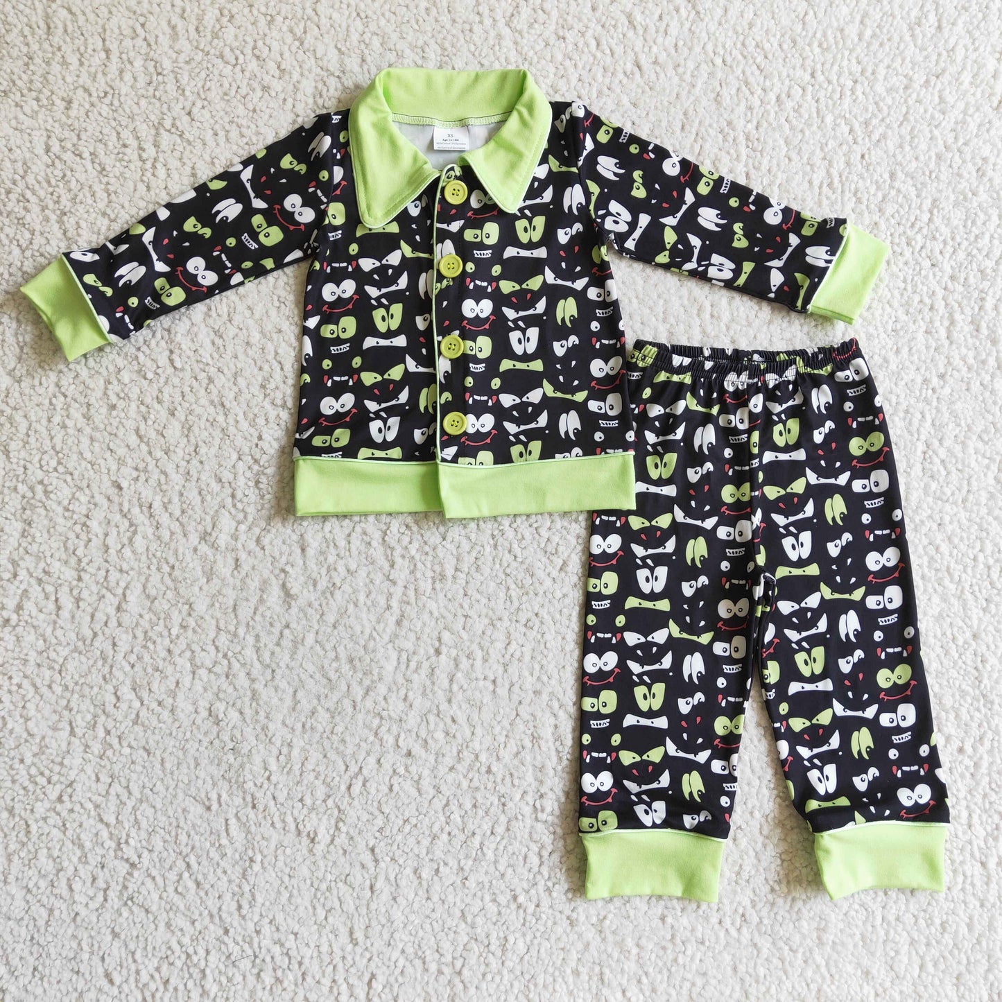 BLP0032 boy green turn-down collar long sleeve pajamas set winter kids outfit