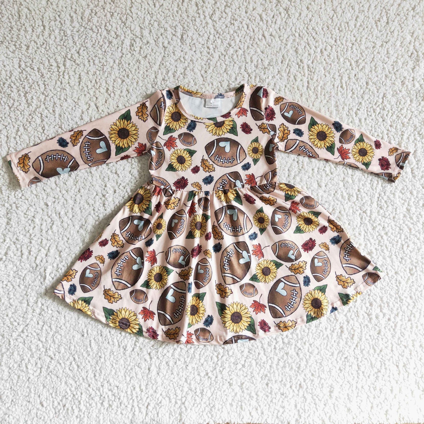 GLD0137 girl sunflowers and football print long sleeve twirl dress