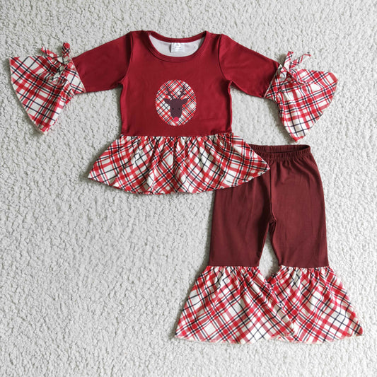 GLP0202 girl christmas red deer print long sleeve top match stitching bell pants