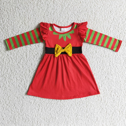 GLD0144 girl stripe long sleeve red frock with yellow bow-knot autumn kids dress