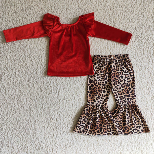 GLP0312 girl red velvet long sleeve top match leopard bell pants 2pieces set