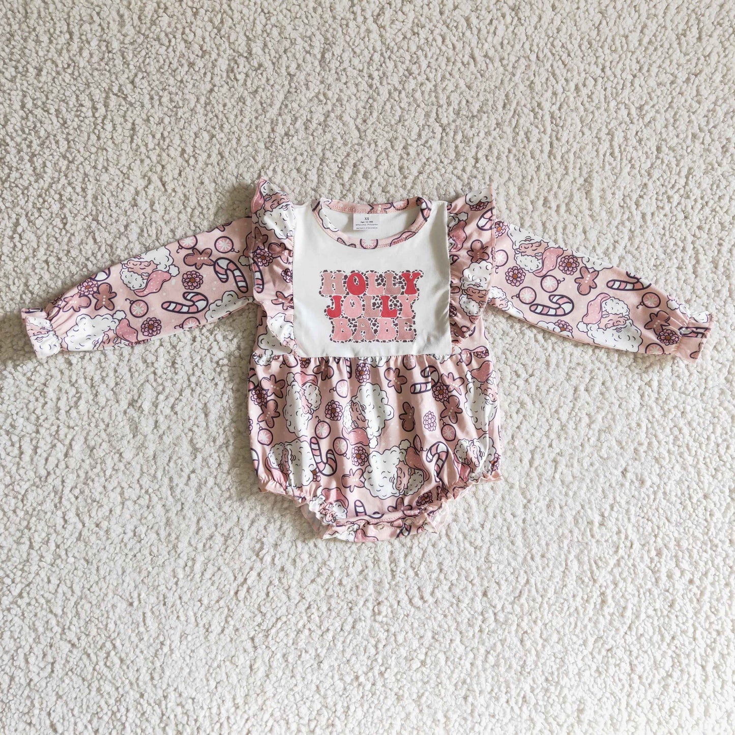 LR0206 baby girls gingerbread candy and santa print long sleeve romper with ruffle