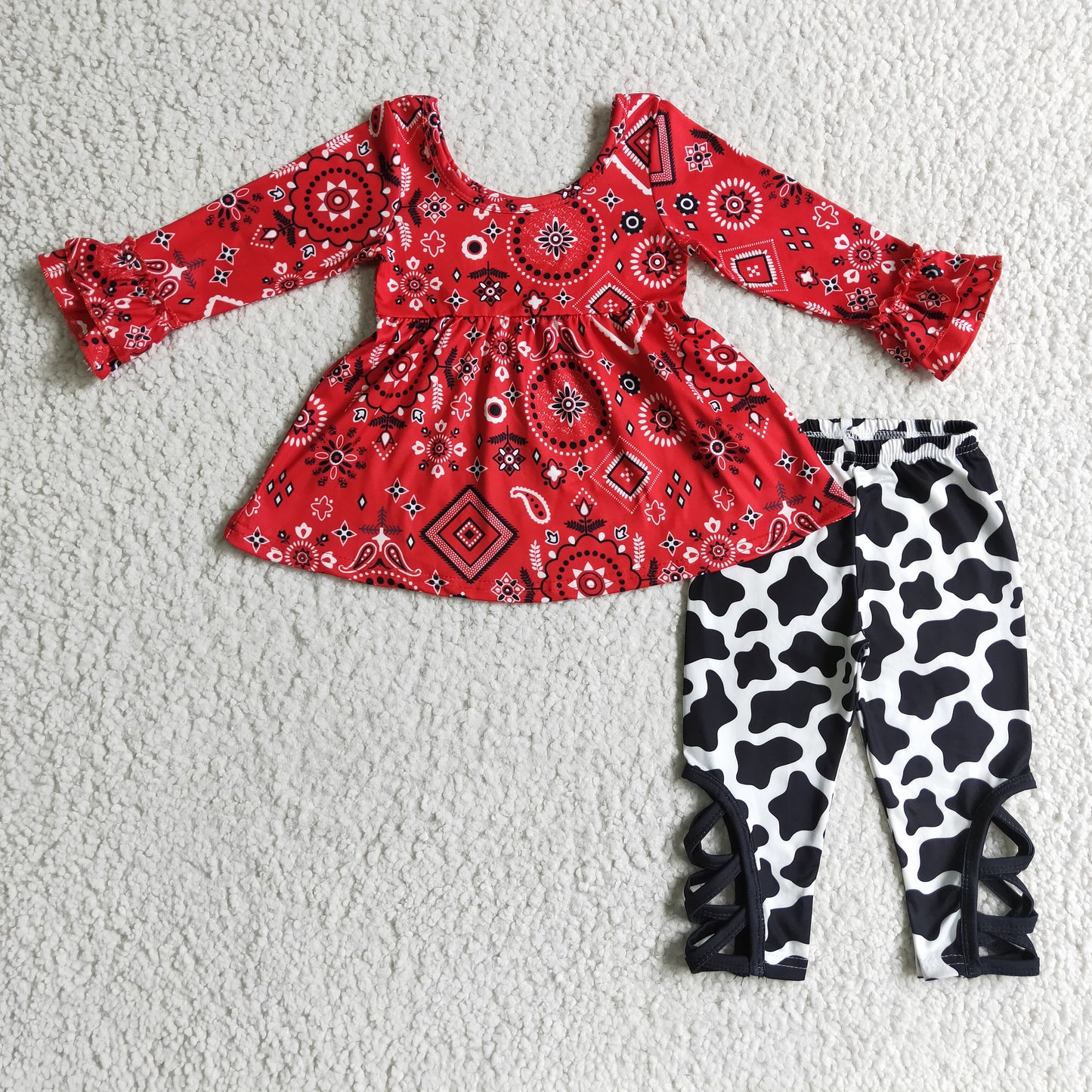 GLP0091 baby girls autumn long sleeve red tunic top match milk cow print cross-criss pants