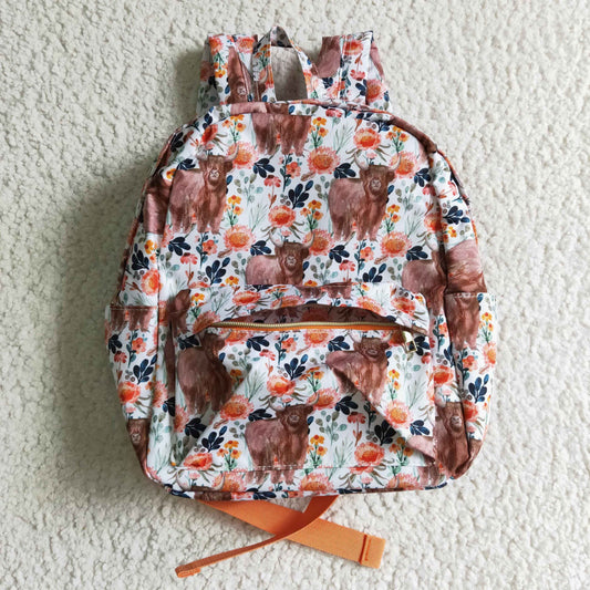 BA0027 ready to ship kids go to school backpack with highland cow and flowers print