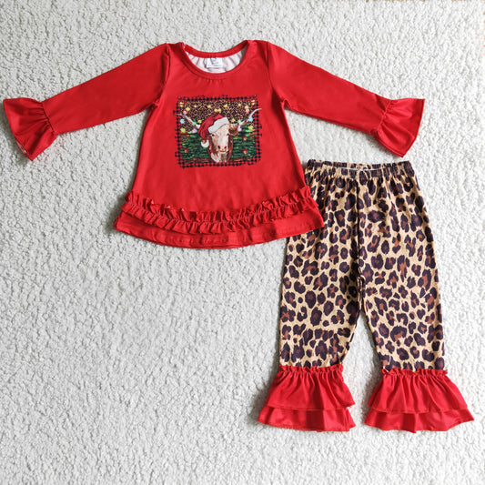 GLP0343 baby girls red long sleeve ruffle top with christmas highland cow match leopard pants