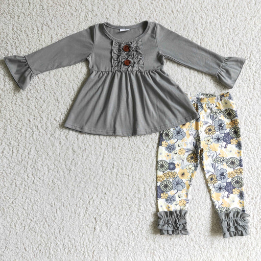 6 A11-28 girl gray solid color long sleeve  blouse match flowers pattern icing ruffle pants
