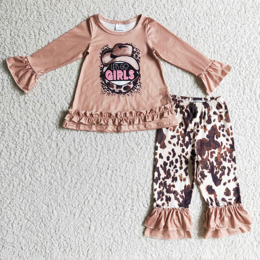 GLP0345 new arrival girl flare long sleeve top match milk cow print ruffle pants