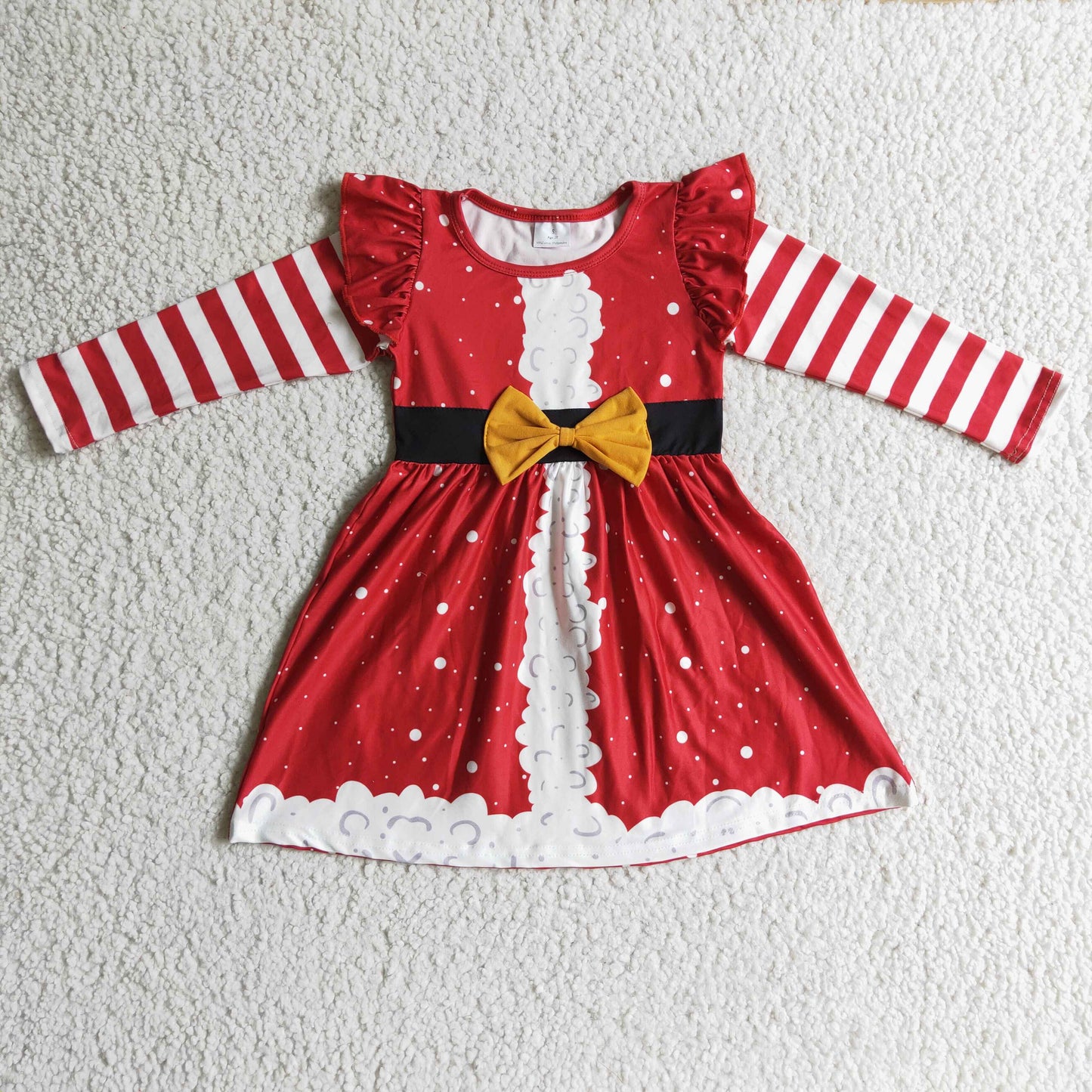 GLD0144 girl stripe long sleeve red frock with yellow bow-knot autumn kids dress