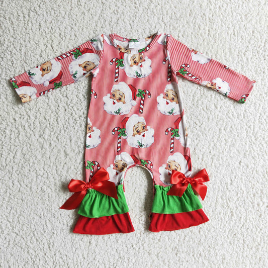 6 A2-30 baby girls christmas candy and santa print long sleeve romper with red bows