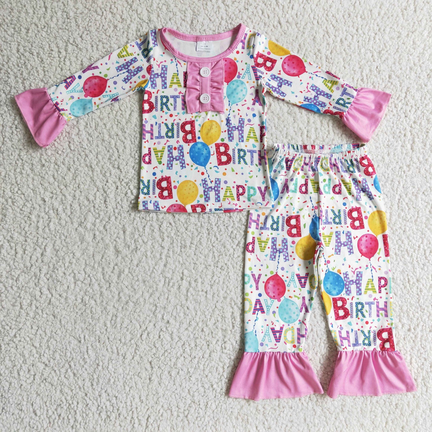 GLP0347 girl happy birthday long sleeve pajamas set with pink ruffles