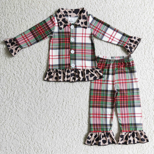 6 B2-4 ready to ship girl plaid and leopard stitching turn-down collar pajamas set