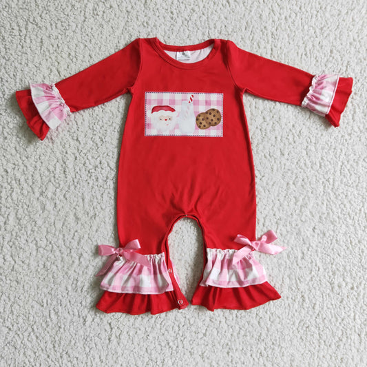 LR0188 baby girls red long sleeve romper with santa milk and cookies print