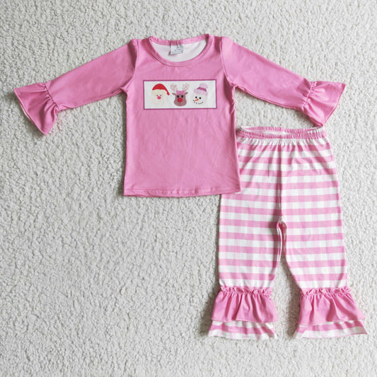 GLP0315 christmas girl pink long sleeve shirt with santa deer and snowman print match plaid ruffle pants