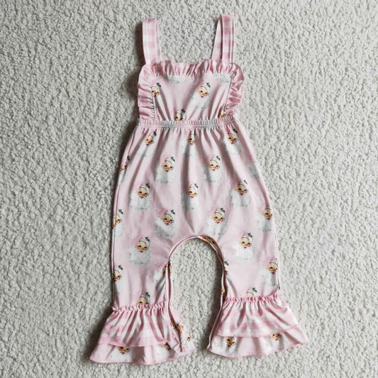 SR0101 baby girls pink christmas sleeveless jumpsuit kids fashion santa print ruffle overalls