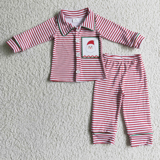 6 A2-20 boy red and white stripe long sleeve turn-down collar pajamas set with santa embroidery
