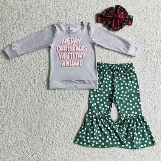 6 A7-16 girl merry christmas outfit with long sleeve grey top green bell bottoms
