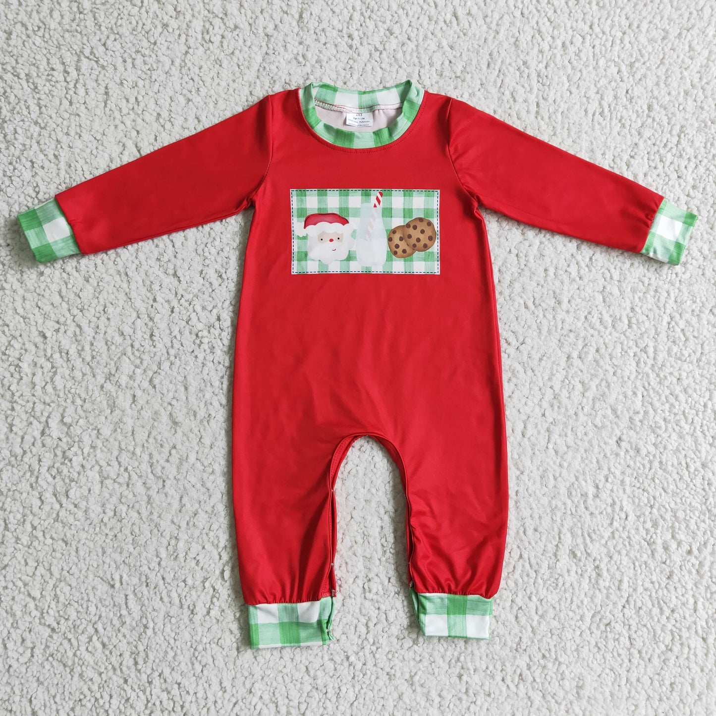 LR0189 infants long sleeve red romper with santa milk and cookies printed