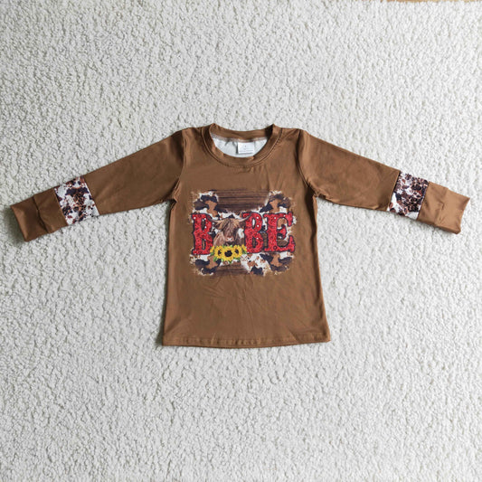 GT0066 baby girls brown long sleeve highland cow top kids o-neck sunflower shirt