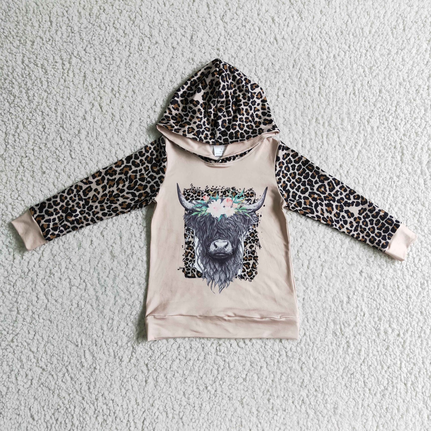 GT0069 kids leopard long sleeve stitching highland cow print hoodie girl flowers jacket