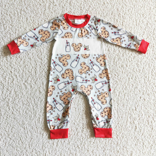 LR0201 infants baby long sleeve christmas milk and cookies print romper with button