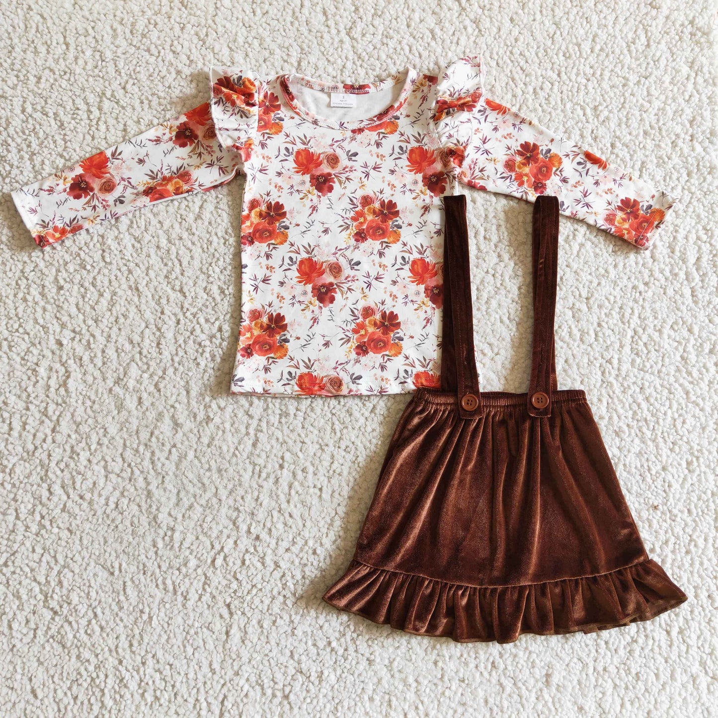 GLD0141 fashion flowers girl long sleece top match brown velvet strap skirt