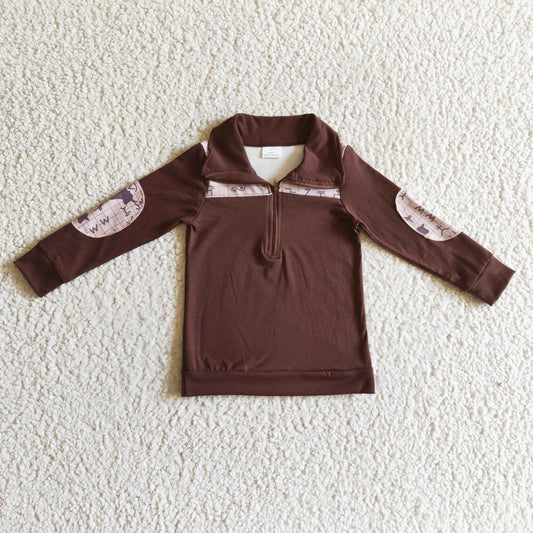 BT0107 boy brown long sleeve zipper turn-down collar jacket with cow and leeter patch