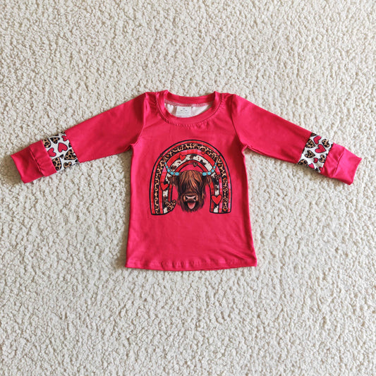 GT0067 girl red long sleeve leopard heart and highlandcow printed t-shirt kids valentine's top