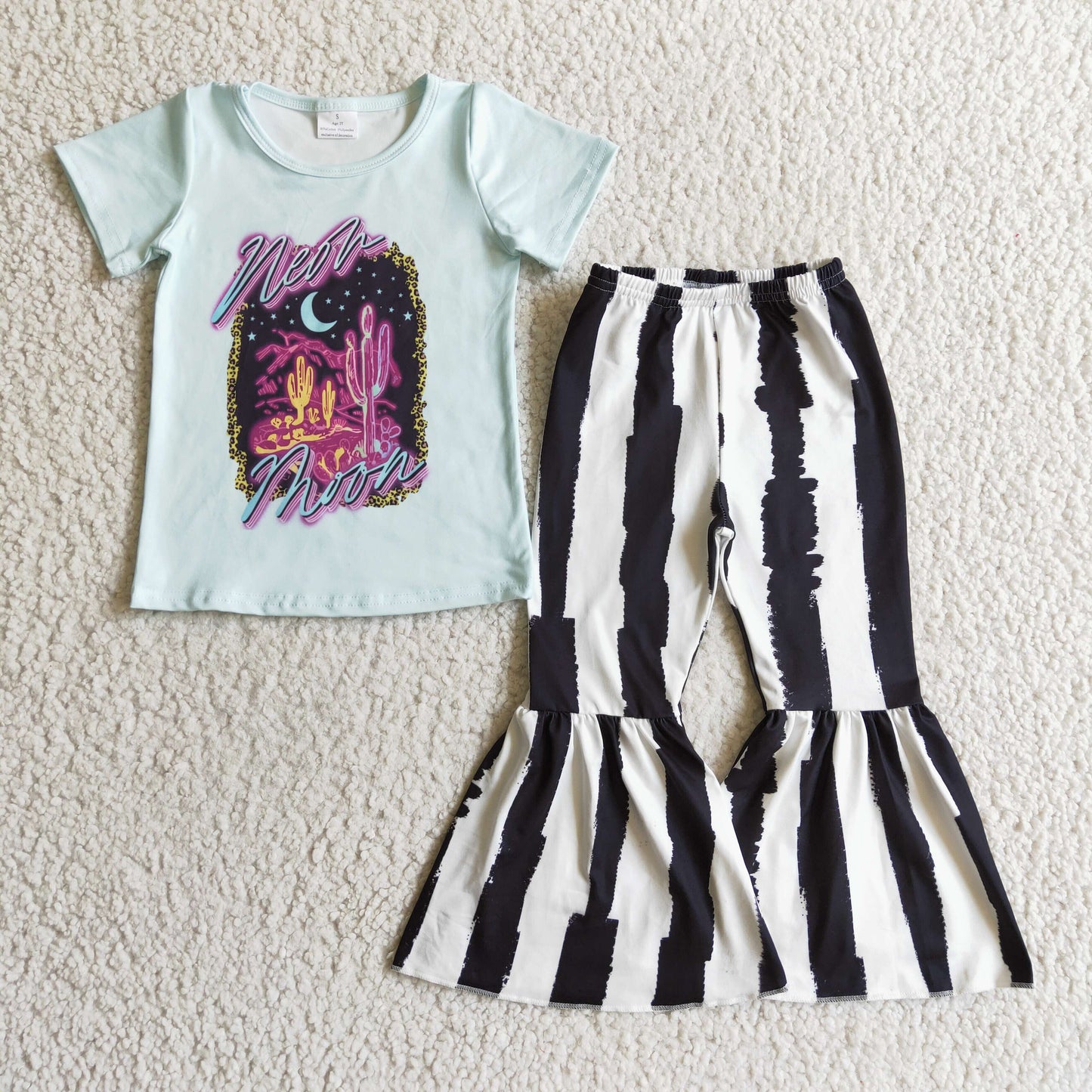 GSPO0213 girl ready to ship short sleeve top and stripe bell pants set